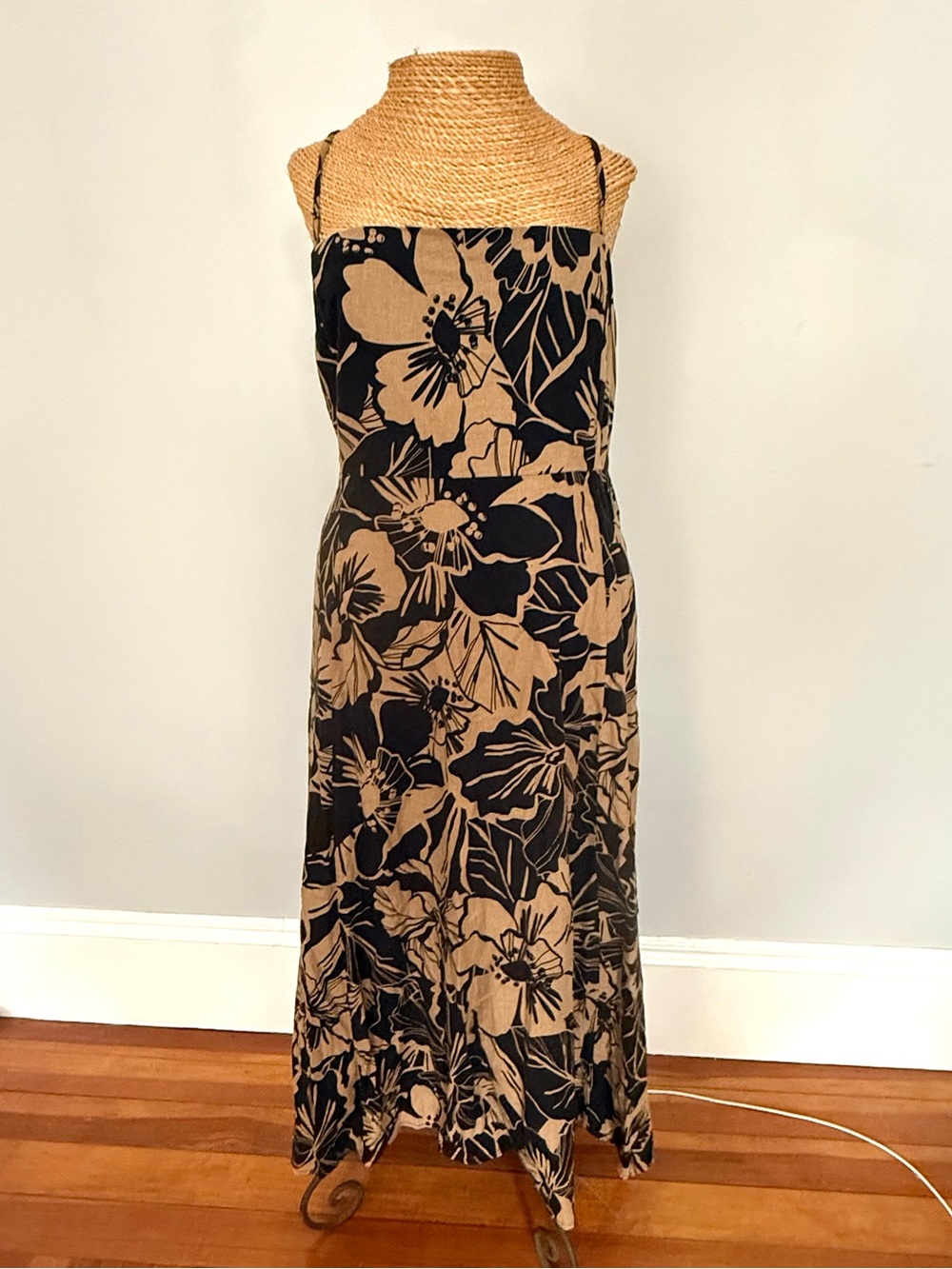GAP linen Black and Tan Floral removable Strap Maxi Dress